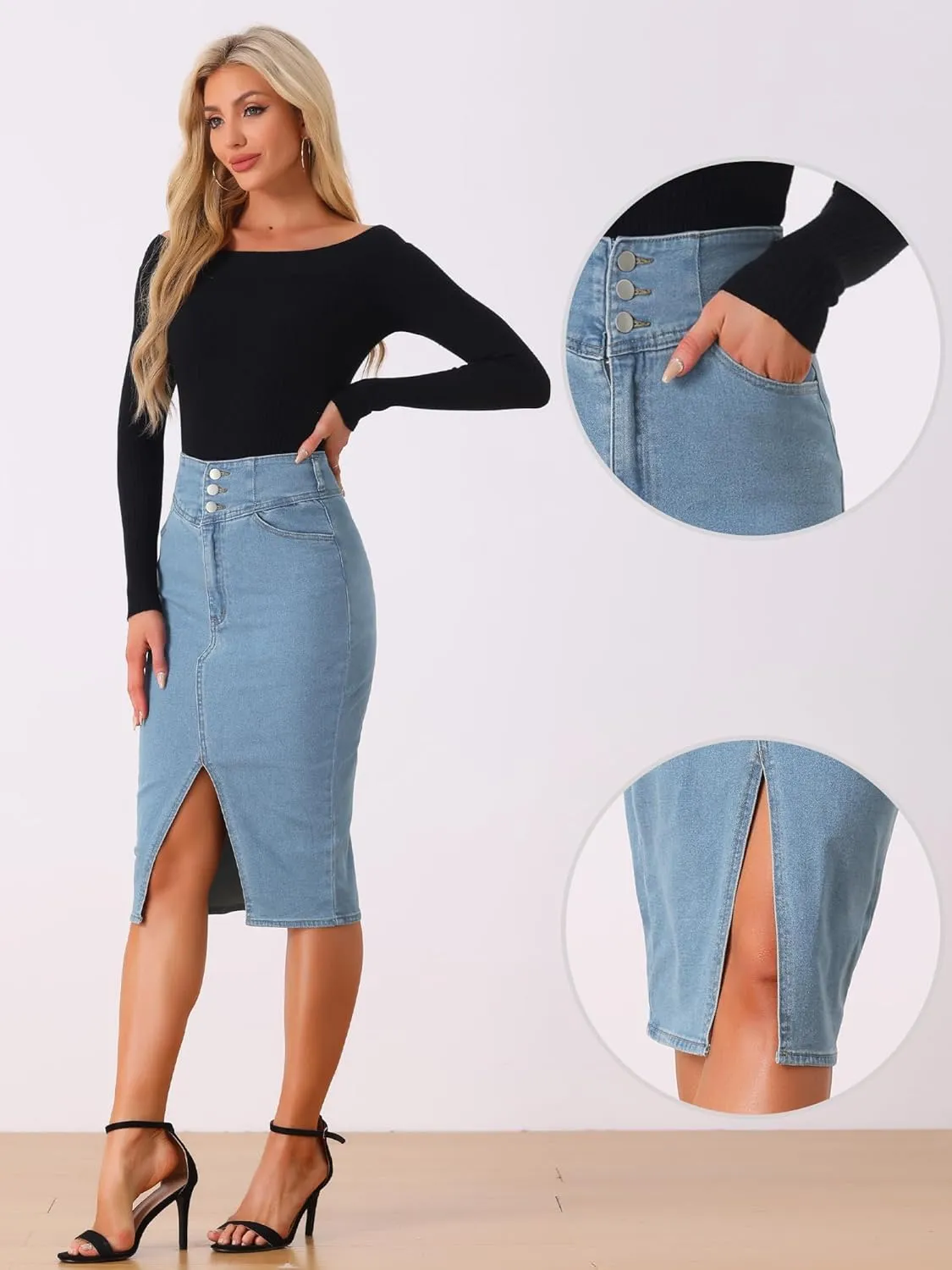 Allegra K Casual Denim Skirt for Women's High Waist Split Hem Pencil Jean Midi Skirts