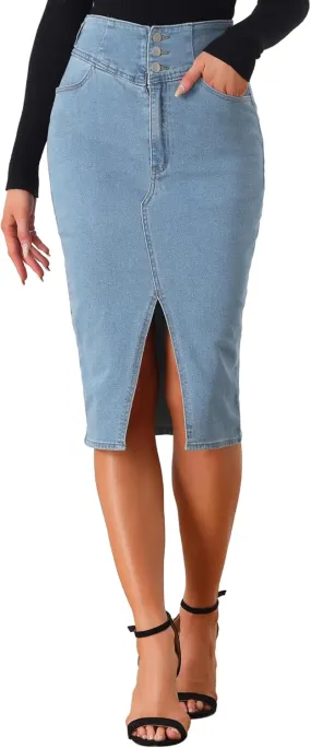 Allegra K Casual Denim Skirt for Women's High Waist Split Hem Pencil Jean Midi Skirts