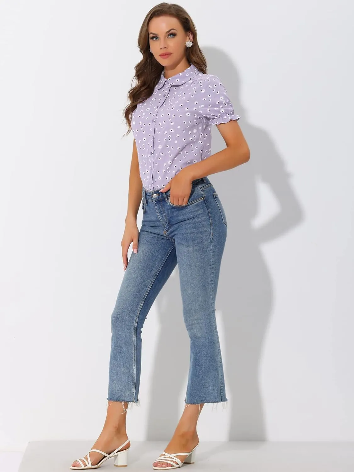 Allegra K Women's Short Sleeve Button-Up Peter Pan Collar Blouse