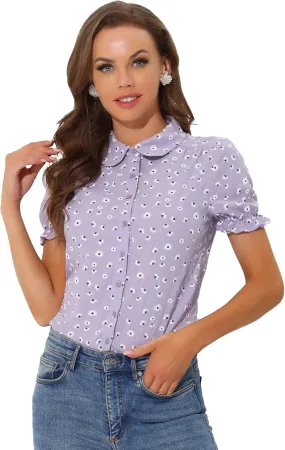 Allegra K Women's Short Sleeve Button-Up Peter Pan Collar Blouse