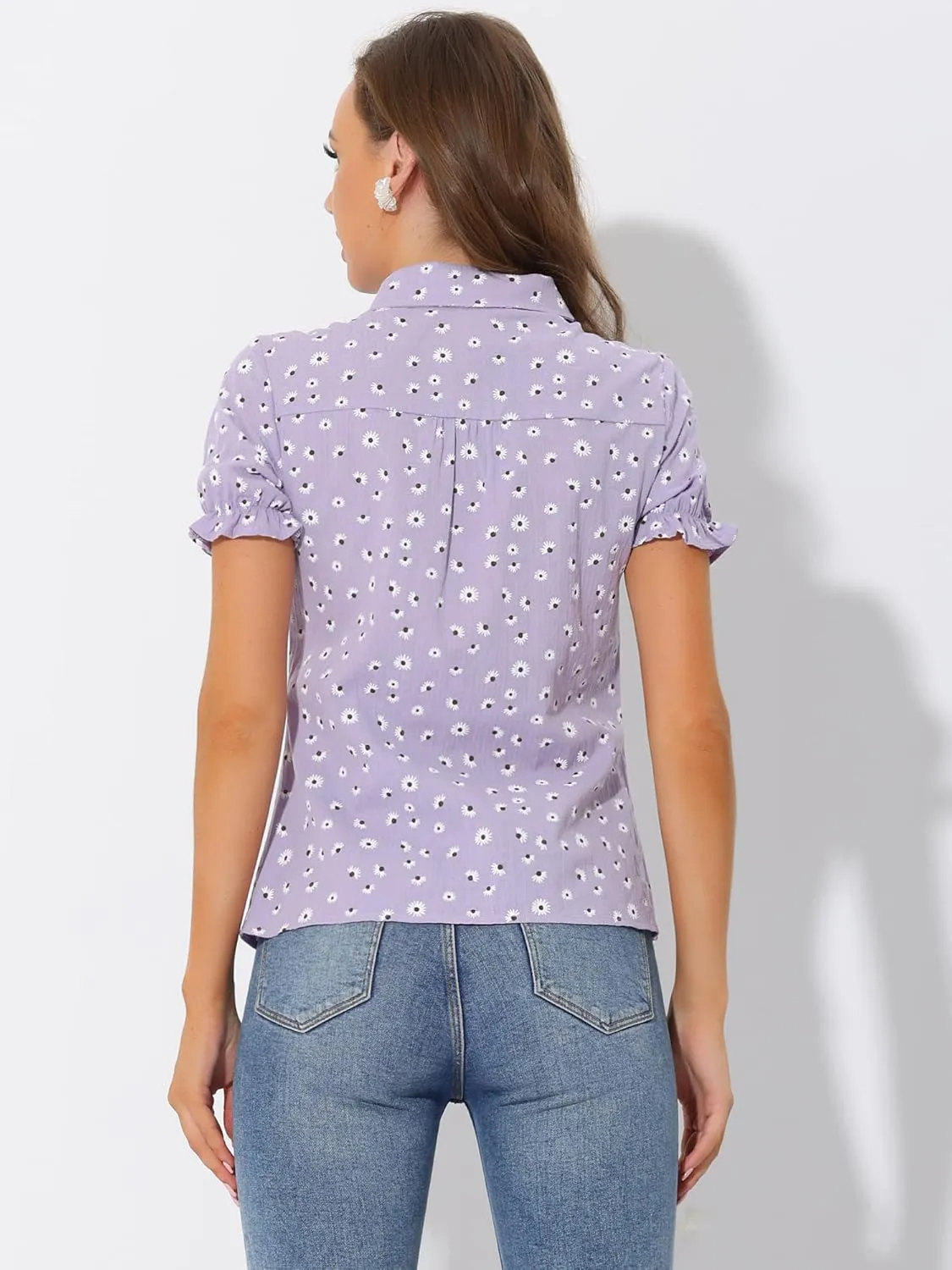 Allegra K Women's Short Sleeve Button-Up Peter Pan Collar Blouse