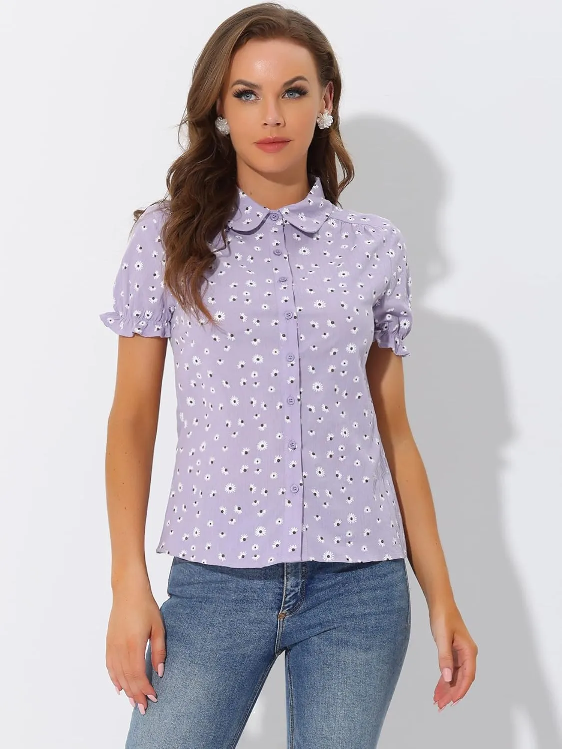 Allegra K Women's Short Sleeve Button-Up Peter Pan Collar Blouse
