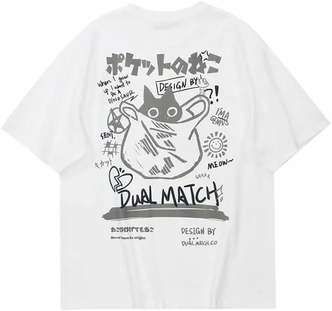 BAIMORE Cotton Crewneck Short-Sleeved T-Shirt Japanese Cartoon Cat Print Oversize Couple T-Shirt