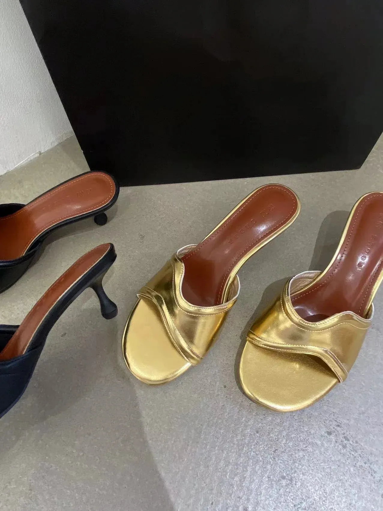 binfenxie  -  Open Toe Women Slippers Slides Mules Shoes Thin High Heels Black Gold Casual Mules Shoes Stiletto Party Pumps Fashion Office 39
