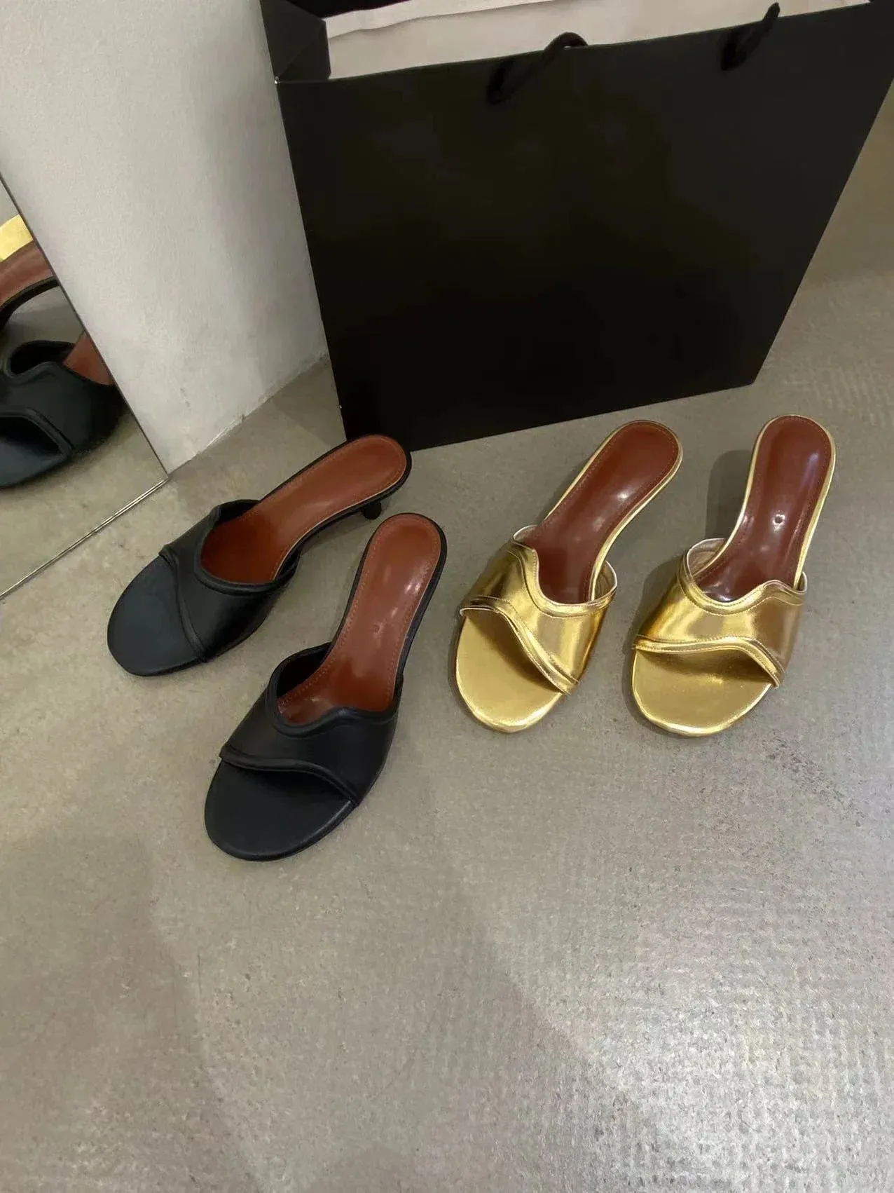 binfenxie  -  Open Toe Women Slippers Slides Mules Shoes Thin High Heels Black Gold Casual Mules Shoes Stiletto Party Pumps Fashion Office 39