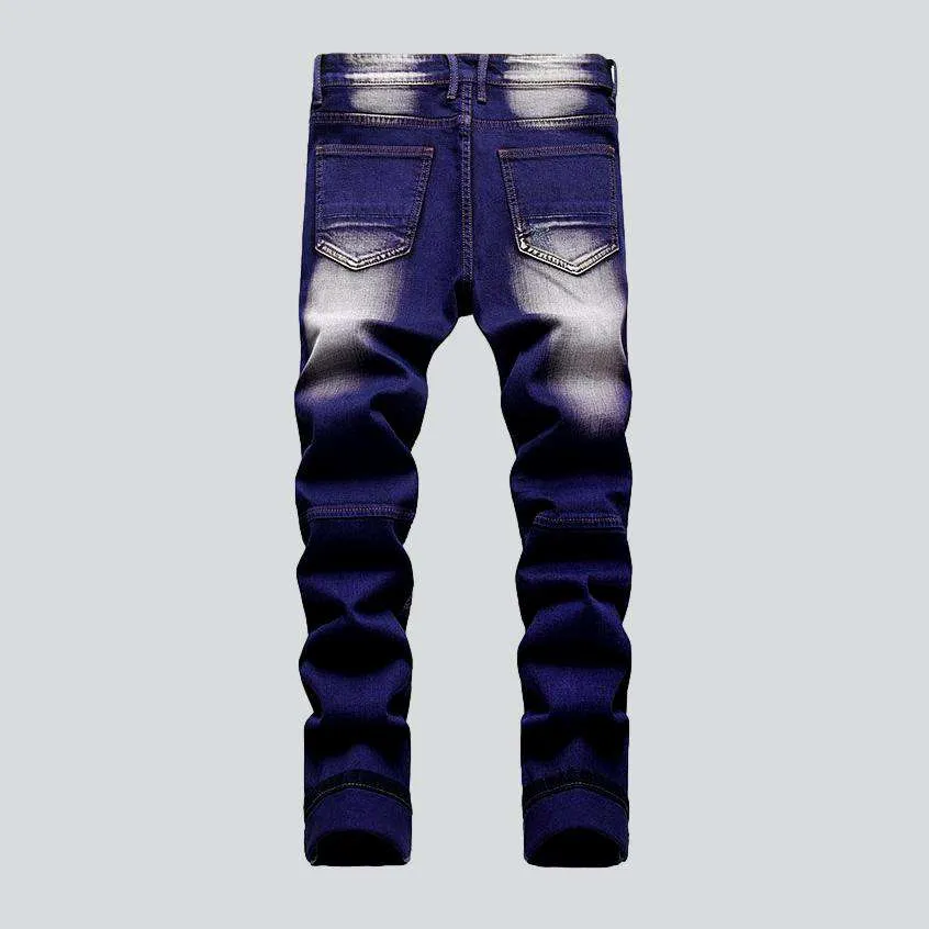 Bleach wash color biker jeans