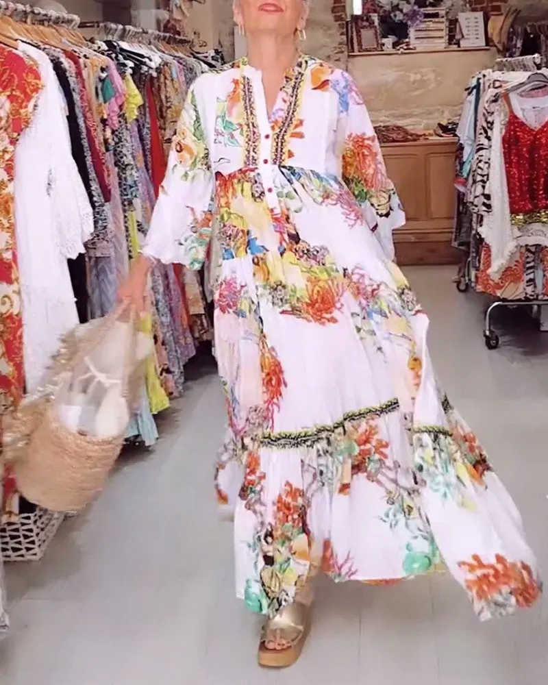 Boho printed button patchwork dress