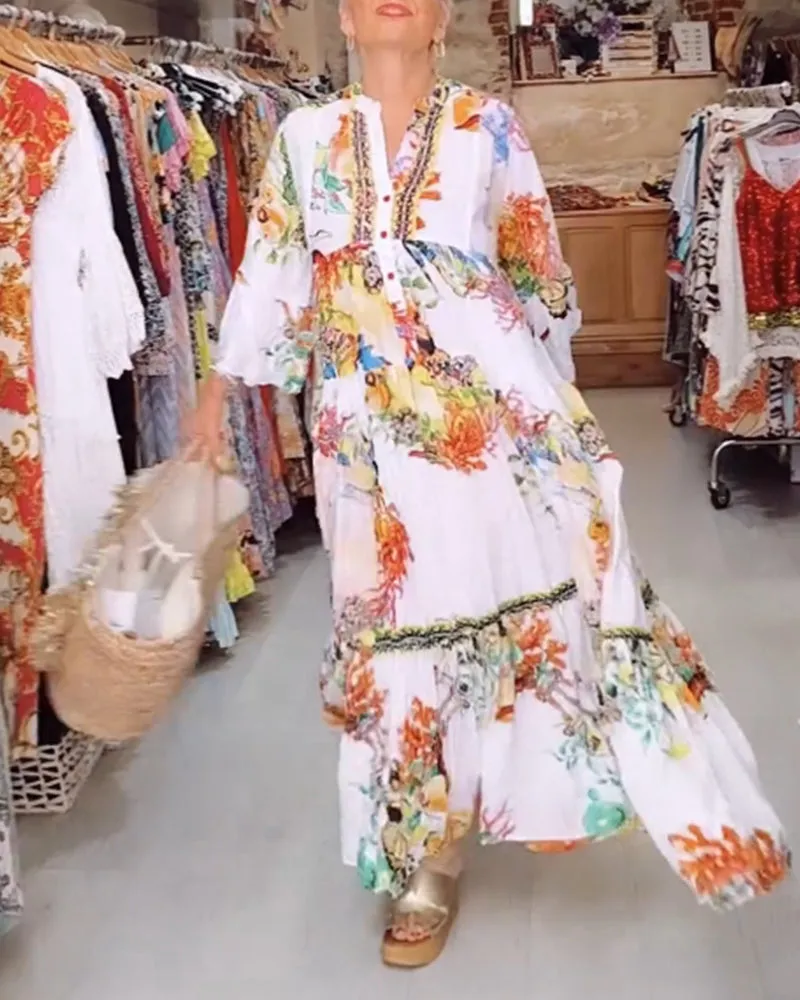Boho printed button patchwork dress