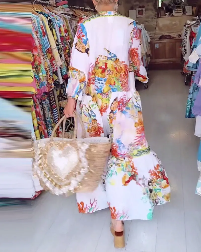 Boho printed button patchwork dress