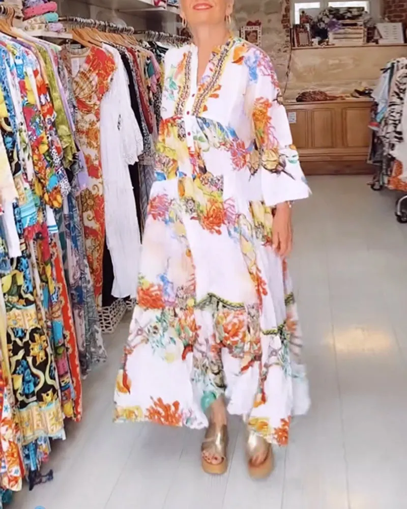 Boho printed button patchwork dress