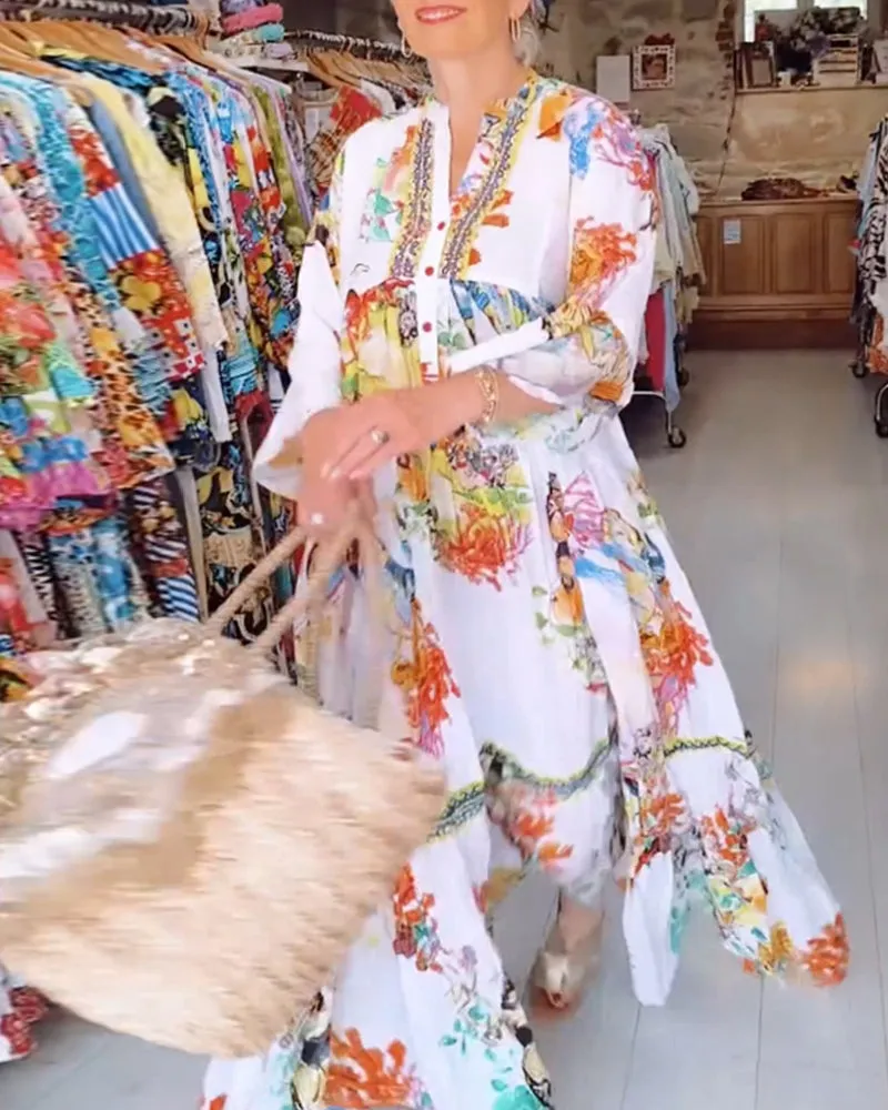 Boho printed button patchwork dress