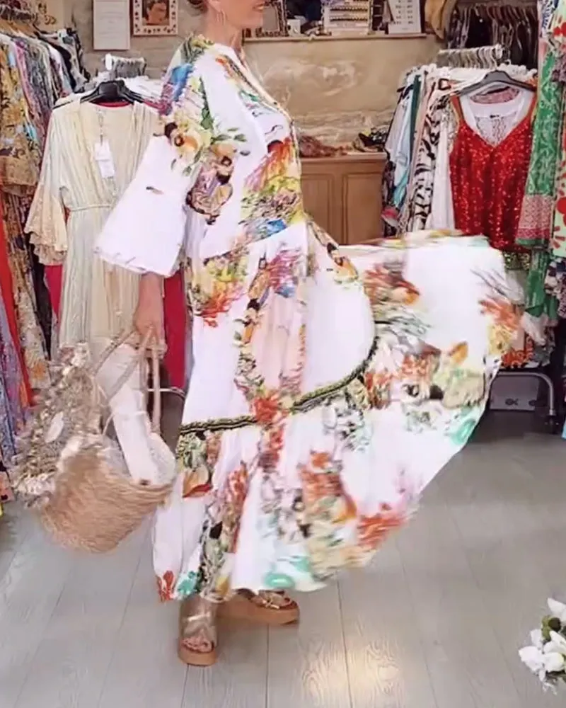 Boho printed button patchwork dress