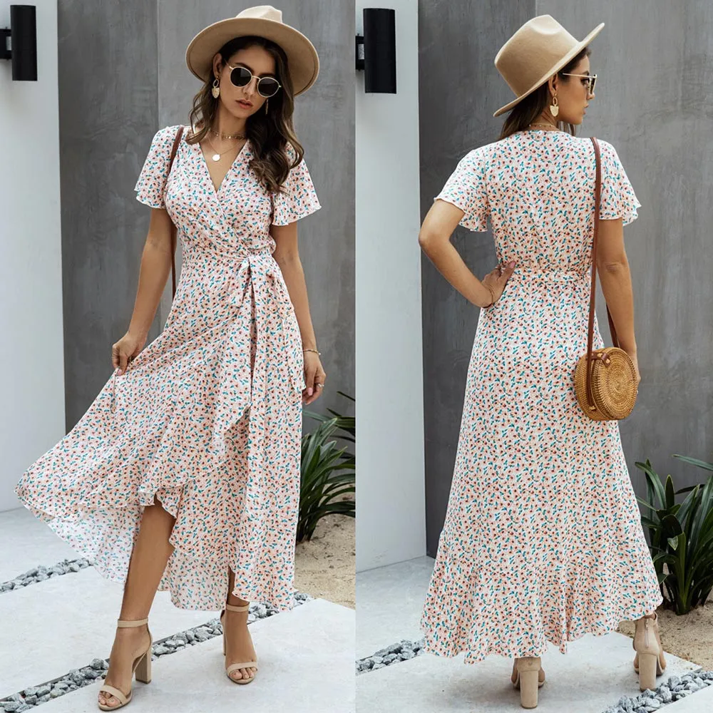 Boho Ruffle Trim Wrap Dress