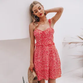 Boho Style Sleeveless Floral Print Summer Dress High Waist Ruffle Mini Dress