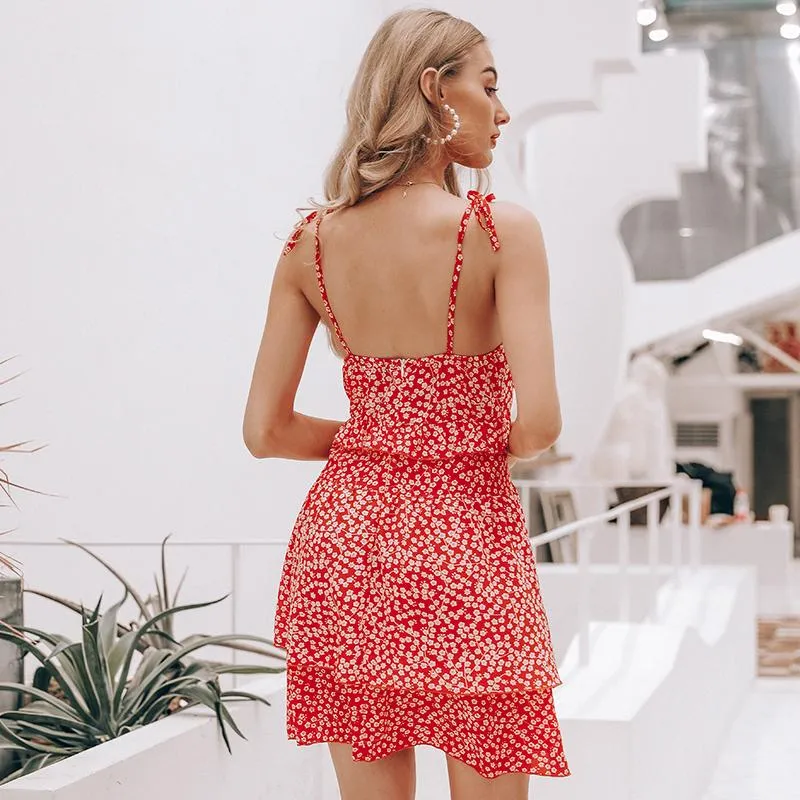 Boho Style Sleeveless Floral Print Summer Dress High Waist Ruffle Mini Dress
