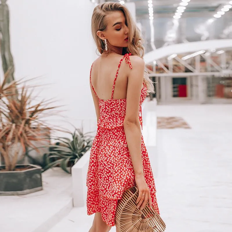 Boho Style Sleeveless Floral Print Summer Dress High Waist Ruffle Mini Dress