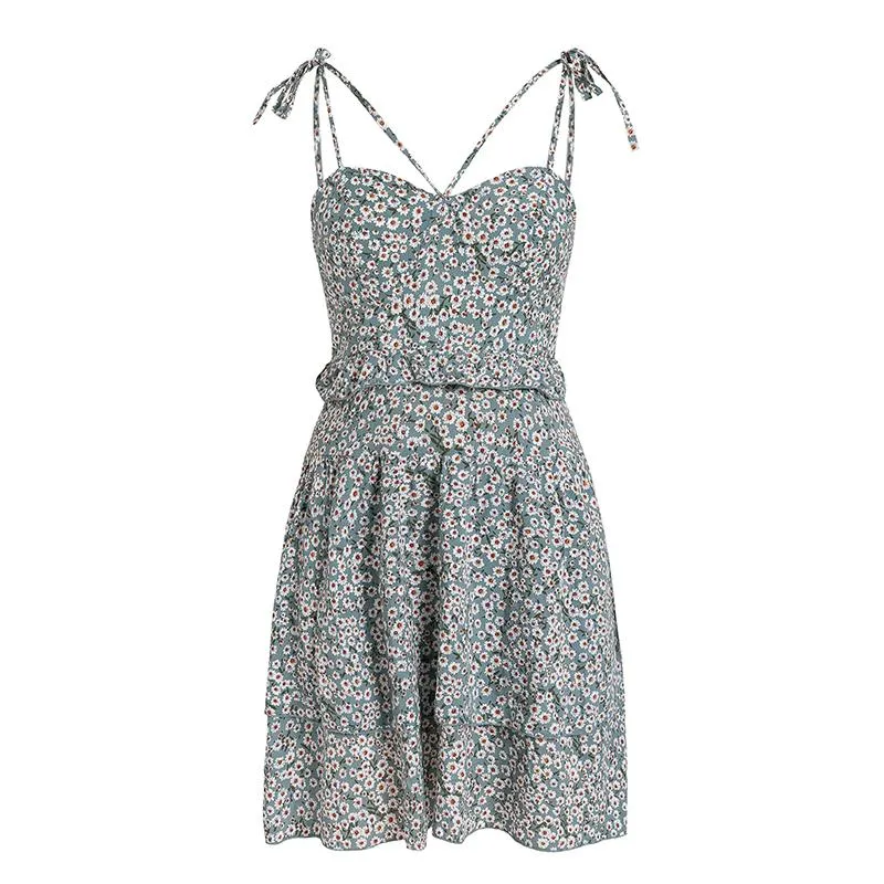 Boho Style Sleeveless Floral Print Summer Dress High Waist Ruffle Mini Dress