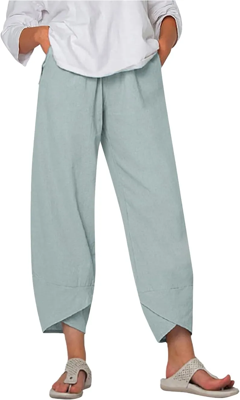Capris Pants for Womens Cotton Linen Wide Leg Plus Size Cropped Pants Print Comfy Elastic Waist Sweatpants