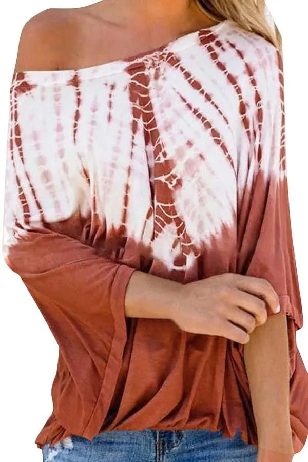 Casual Tie Dye One Shoulder Long Batwing Sleeve Blouse