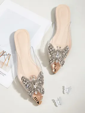 Clear Rhinestone Decor Flat Mules