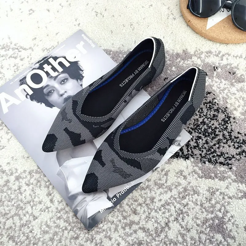 Color Casual Soft  Breathable Knit Pointed Shoes Women's Flat
