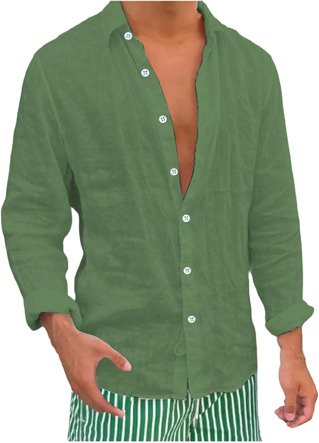 Cotton Linen Shirts Mens Casual Loose Solid Beach Swim Cardigan Vintage Washed Wrinkled Breathable Long Sleeve Shirt