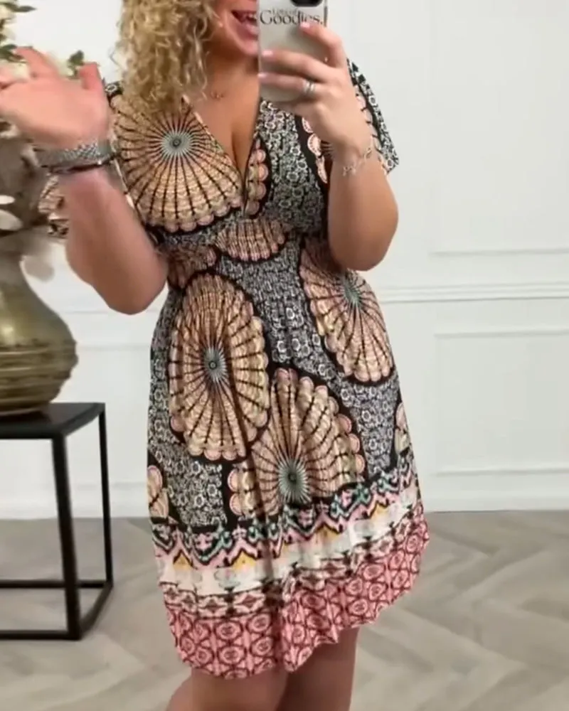 Deep V printed resort dress