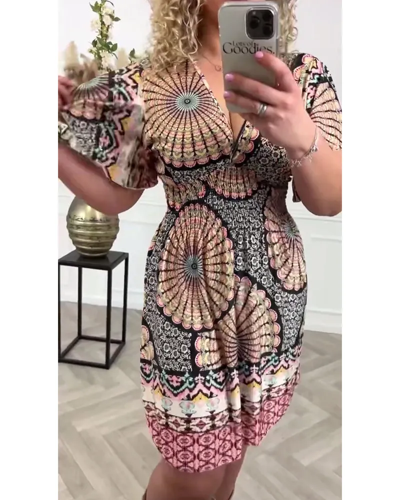 Deep V printed resort dress