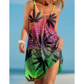 Elena – Women's Green Leaf Print Sleeveless Midi Dress