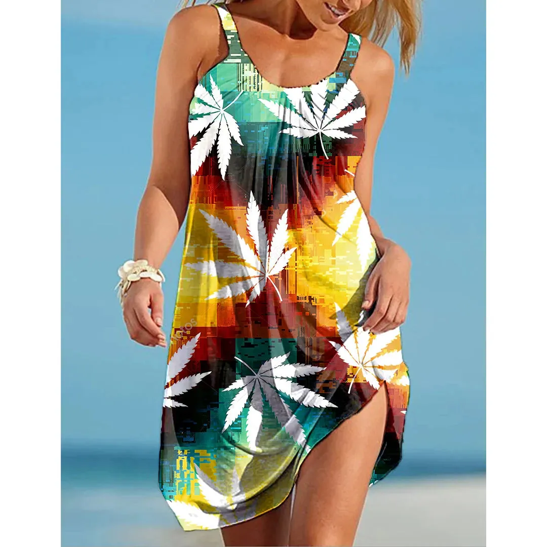 Elena – Women's Green Leaf Print Sleeveless Midi Dress