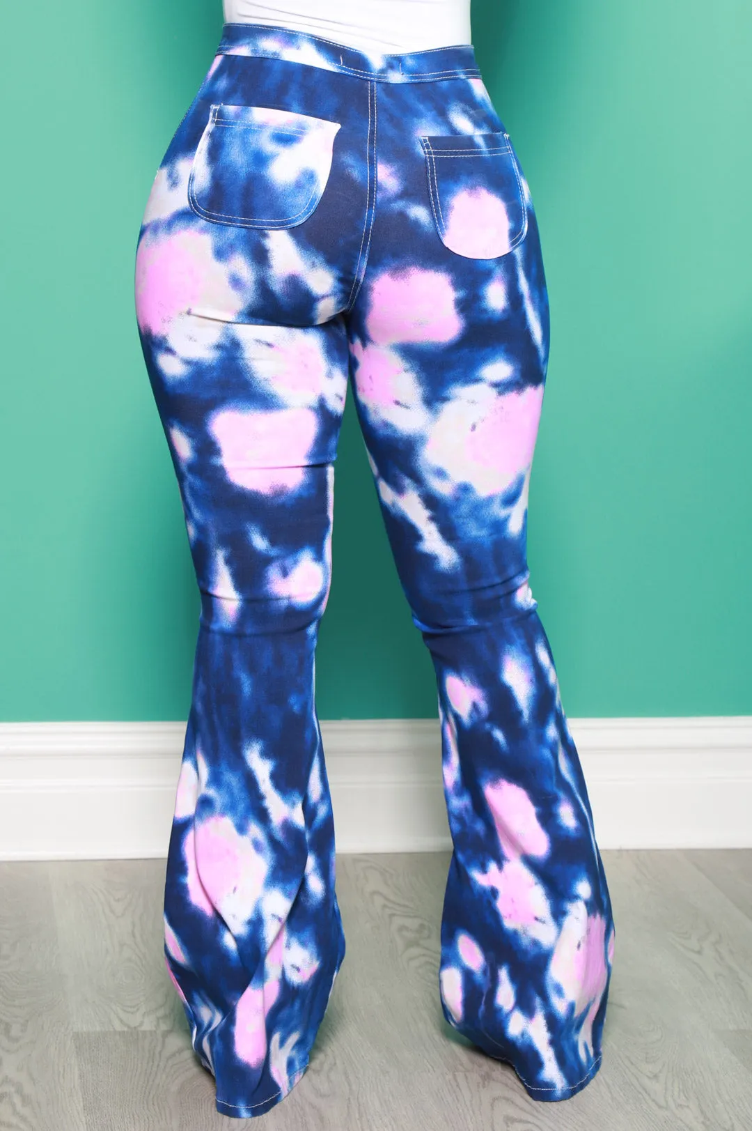 Emotion Tie Dye High Rise Flare Stretchy Jeans - Navy/Pink