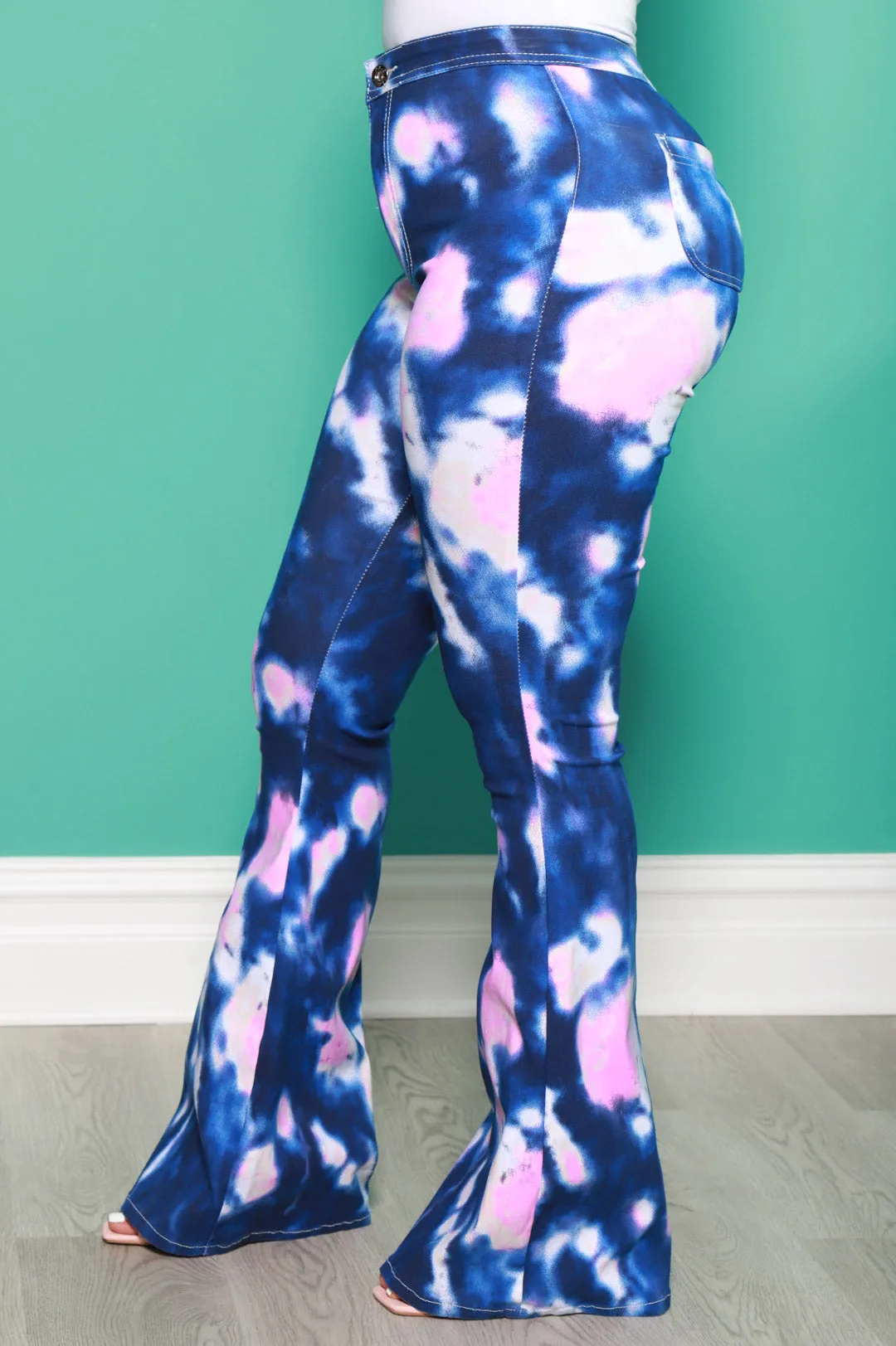 Emotion Tie Dye High Rise Flare Stretchy Jeans - Navy/Pink