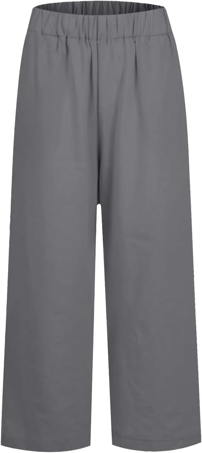 eoeioa Elastic Waisted Linen Pants Women Summer Comfy Flowy Palazzo Pants Boho Baggy Casual Pants Boho Beach Pants w/Pockets