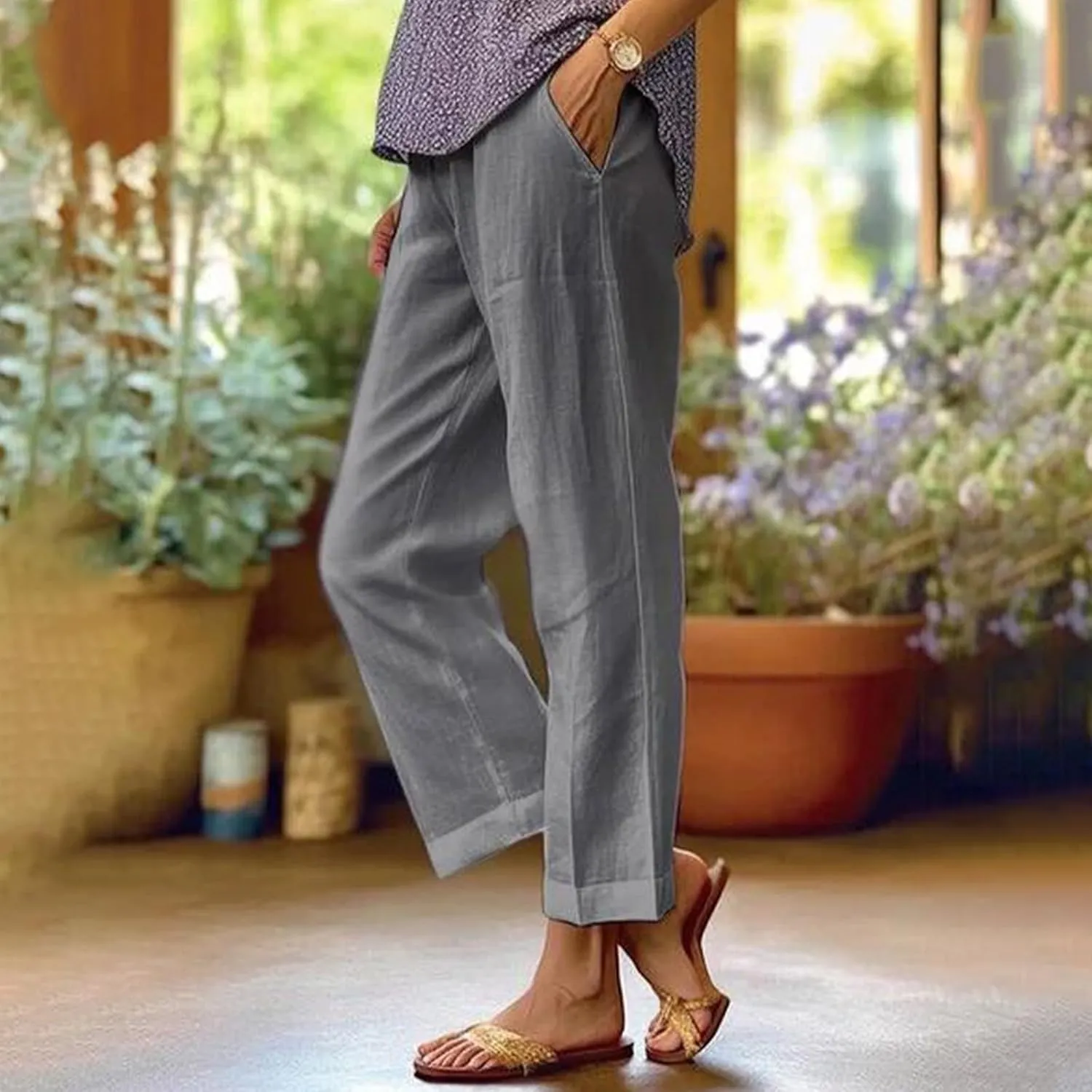 eoeioa Elastic Waisted Linen Pants Women Summer Comfy Flowy Palazzo Pants Boho Baggy Casual Pants Boho Beach Pants w/Pockets