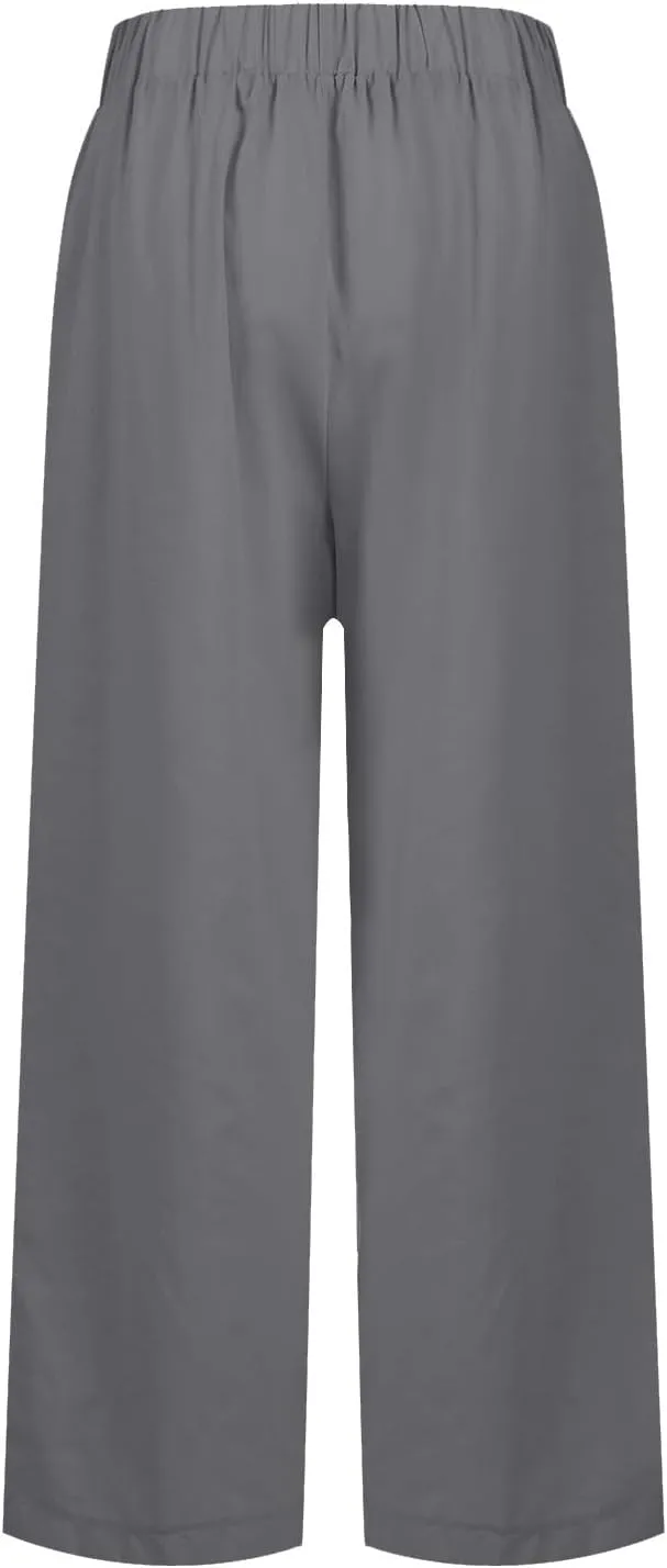 eoeioa Elastic Waisted Linen Pants Women Summer Comfy Flowy Palazzo Pants Boho Baggy Casual Pants Boho Beach Pants w/Pockets