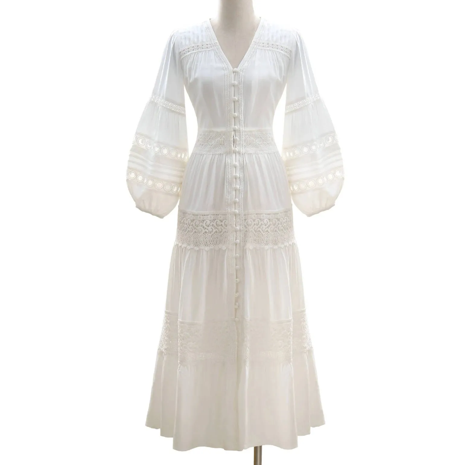 FashionSierra-100% Cotton  White Lace  Vintage  V-neck  Puff Sleeve  Long  Summer  High Quality  Casual Boho Dress