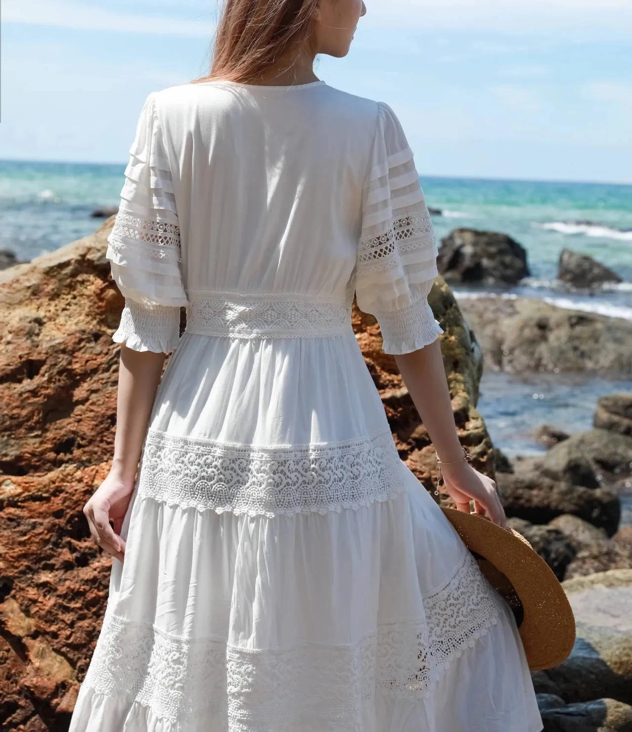 FashionSierra-100% Cotton  White Lace  Vintage  V-neck  Puff Sleeve  Long  Summer  High Quality  Casual Boho Dress