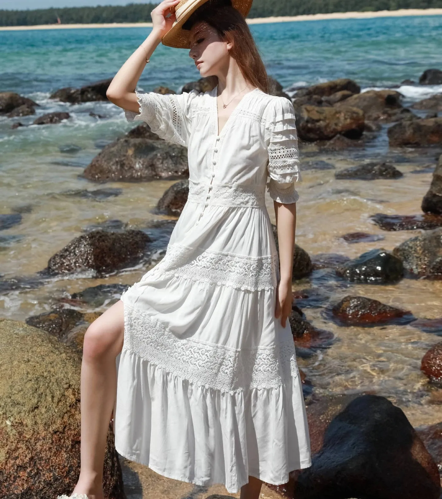 FashionSierra-100% Cotton  White Lace  Vintage  V-neck  Puff Sleeve  Long  Summer  High Quality  Casual Boho Dress