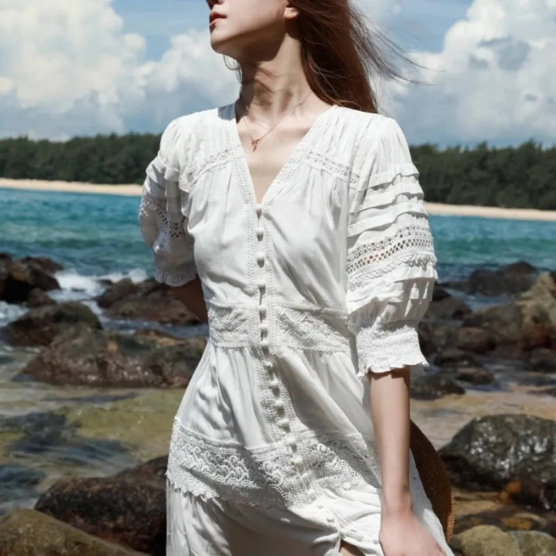 FashionSierra-100% Cotton  White Lace  Vintage  V-neck  Puff Sleeve  Long  Summer  High Quality  Casual Boho Dress