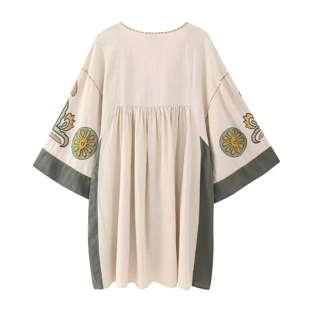 FashionSierra-Linen Cotton  Floral Embroidery  Vintage  O Neck  Loose  A-line  Short  Summer Beach Boho Dress