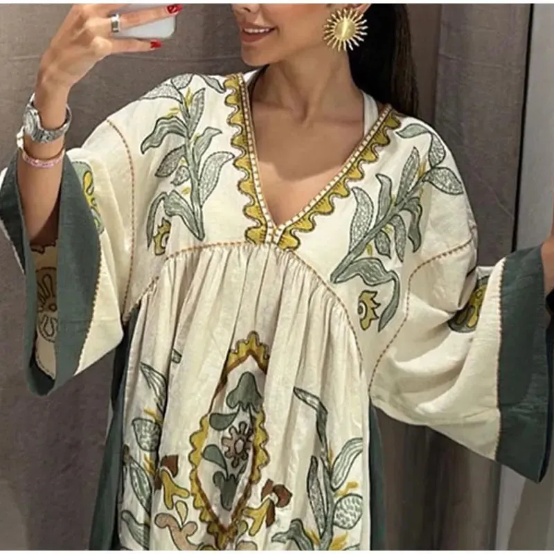 FashionSierra-Linen Cotton  Floral Embroidery  Vintage  O Neck  Loose  A-line  Short  Summer Beach Boho Dress