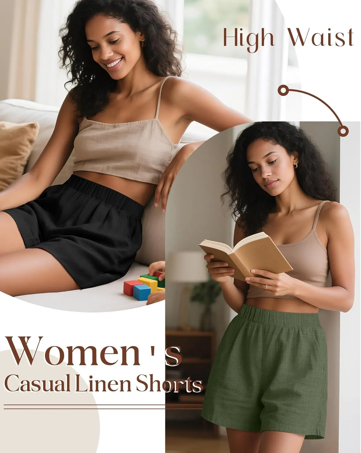 Ficerd 3 Pack Women's Casual Linen Shorts,Pleated High Waist Wide Leg Summer Elastic Comfy Trendy Shorts with Pockets
