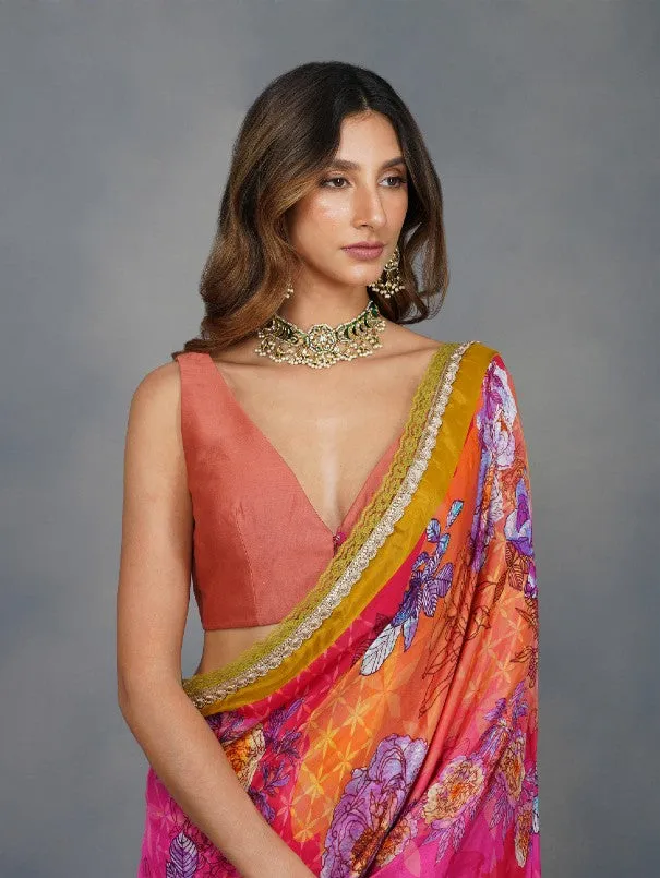 Fuschia Big Flower Print Saree  (Set of 2)