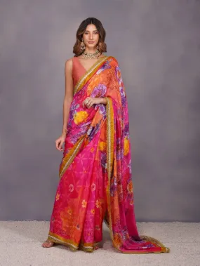 Fuschia Big Flower Print Saree  (Set of 2)