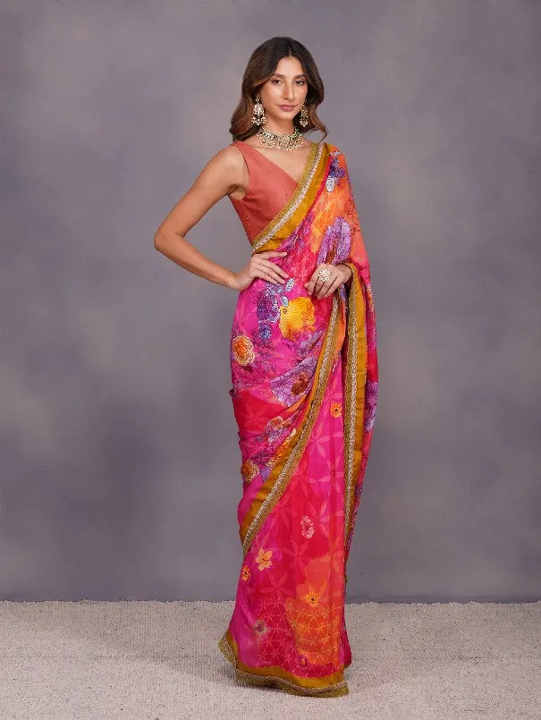Fuschia Big Flower Print Saree  (Set of 2)