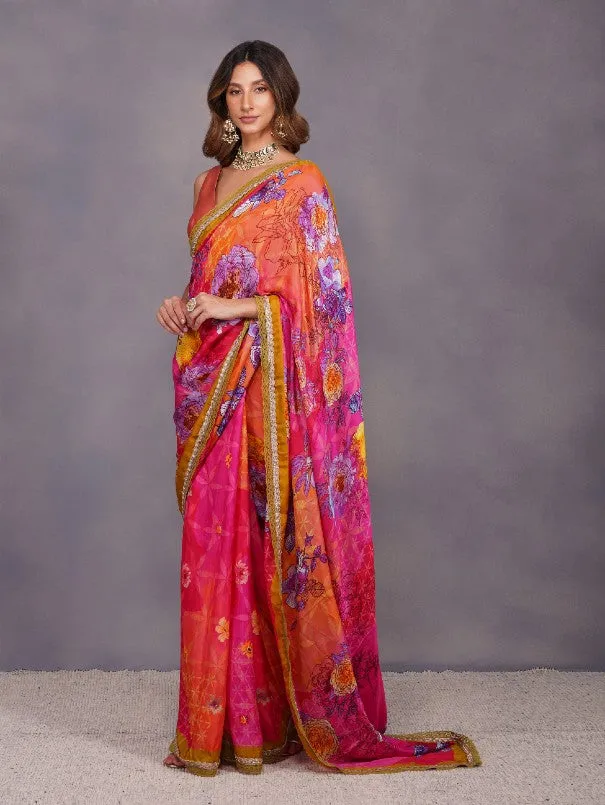 Fuschia Big Flower Print Saree  (Set of 2)