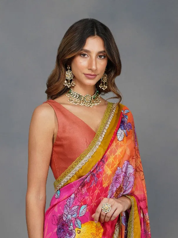 Fuschia Big Flower Print Saree  (Set of 2)