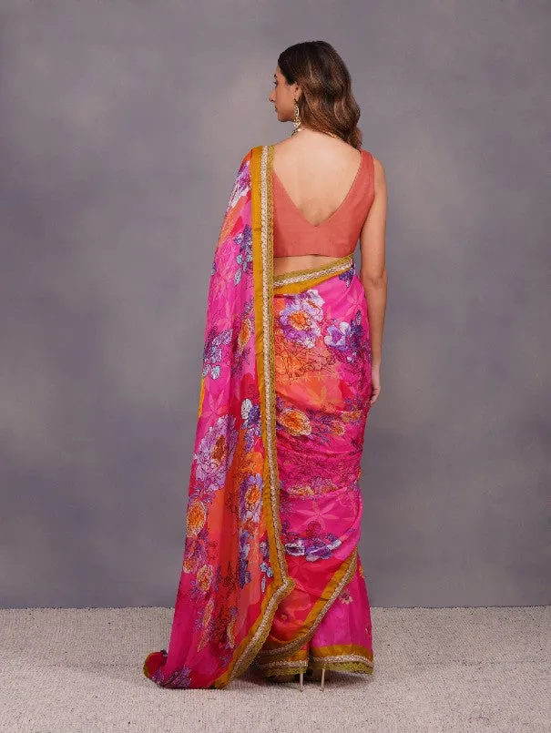 Fuschia Big Flower Print Saree  (Set of 2)