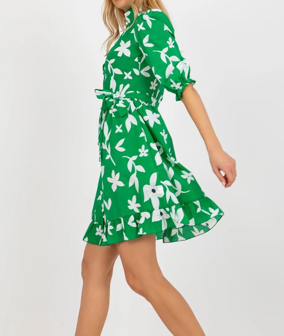 futurino Women Single Breasted A-line Dress, Floral Printed Boho Style Lantern Short Sleeve with Belt Summer Dress