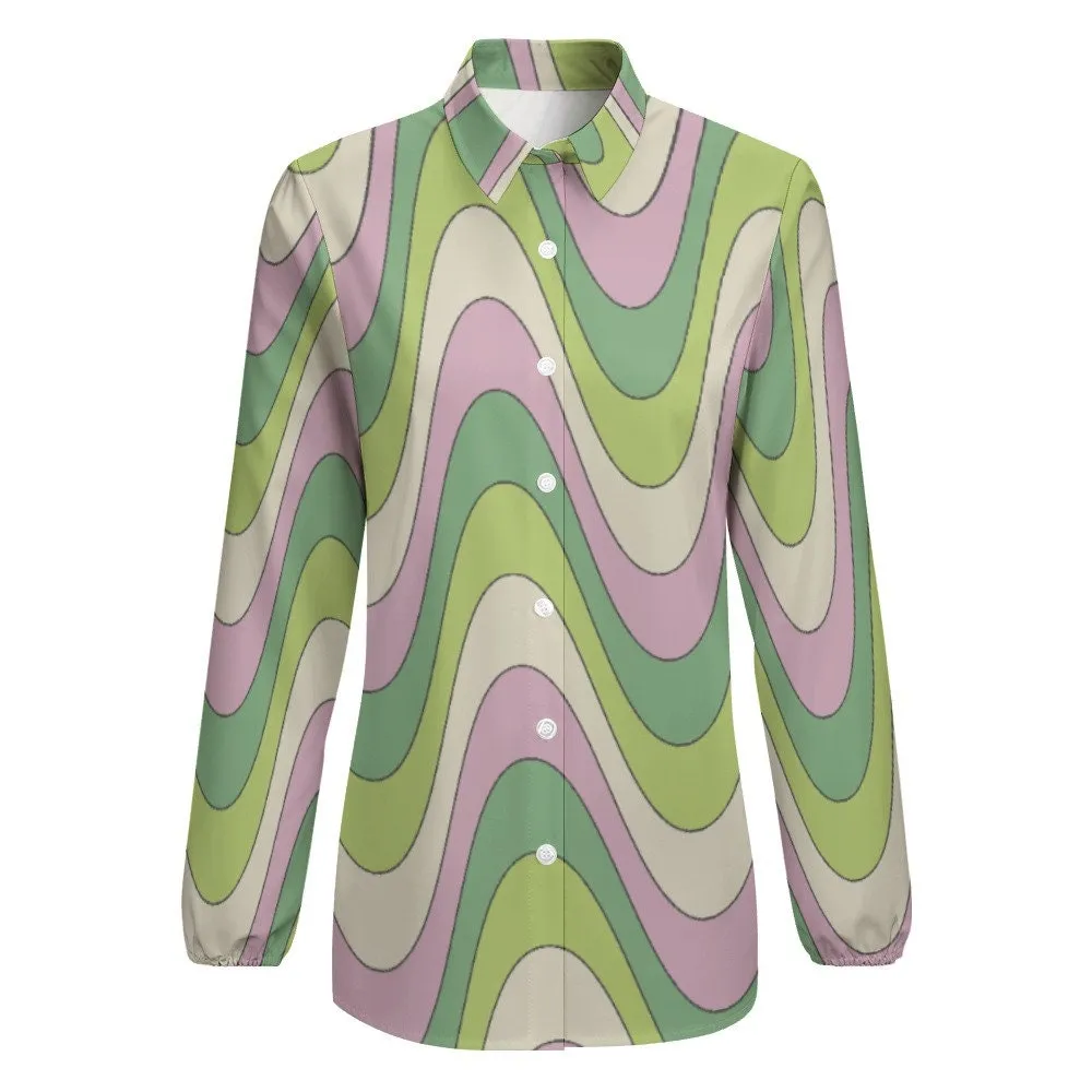 Groovy Blouse, Green Pink Stripe Shirt Women, 60s 70s Style Shirt, Hippie Top, Women's 70s Style Blouse, Women's 70s inspired top